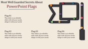 PowerPoint slide showing various flags connected by colorful circles with text placeholders.