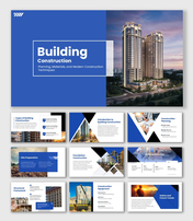 Building PowerPoint Templates blue theme with geometric shapes, icons, and construction stages visuals.