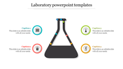 Laboratory themed slide featuring a flask illustration with colorful nodes and four captions with science related icons.