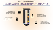 Central U shaped laboratory tube in black with colorful dots, surrounded by four infographic icons and text sections.
