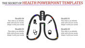 Slide showcasing a lung design featuring colorful markers, with health related icons, paired with four labeled captions.