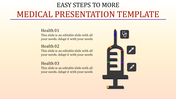 Medical themed slide with a black syringe illustration and three labeled steps with health related icons.