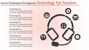 Technology PowerPoint slide featuring six stages, each with an icon of headphones, speakers, and audio equipment.
