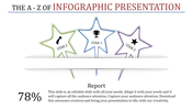 Infographic template with three colorful stars labeled Star 1, 2, and 3, accompanied by a 78 percent progress indicator.