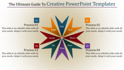 Creative PPT slide with a star shaped process diagram featuring eight colored sections with placeholder text.