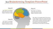 Brainstorming PowerPoint slide with colorful brain sections, featuring steps for process description.