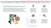 Slide with digital marketing elements, including a smartphone, pie chart, target, and dollar icons, and four captions.