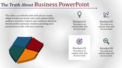 Business slide with a four segment 3D diagram in blue, green, red, and orange, featuting icons for business topics.