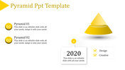 Bright yellow pyramid diagram featuring two segments, labeled sections, a 2020 highlight, and design-related checkmarks.