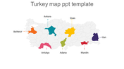 Map of Turkey with six regions highlighted in different colors, each marked with a label and arrow.