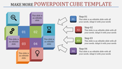 Colorful 3D cube layout with icons and numbers, connected to a four step process displayed on the right.
