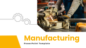 Manufacturing slides with yellow theme, factory visuals, process flow, supply chain charts, icons, and clean layouts.