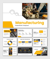Manufacturing slides with yellow theme, factory visuals, process flow, supply chain charts, icons, and clean layouts.