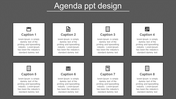 Agenda PowerPoint slide design featuring eight square sections with captions and icons on a dark background.