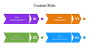 Content slide featuring four horizontally aligned blocks in purple, green, orange, and blue, with numbers and descriptions.