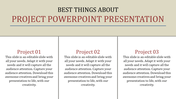 A PowerPoint slide with three sections labeled Project 01 to 03, featuring placeholder descriptions.
