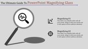 Gray background with a black magnifying glass highlighting a graph icon, paired with two captions.