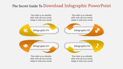 Infographic slide featuring four arrow shaped designs in yellow and orange with icons and text on a white background.