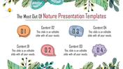 Nature themed PowerPoint template featuring colorful numbered speech bubbles and decorative leaf illustrations.