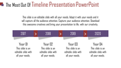 Timeline slide with years 2017 to 2020, in purple banners, red arrows, and text boxes below on a white background.