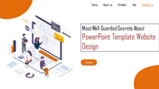 Website slide with white background, featuring orange accents, and isometric illustration of people working on a laptop.