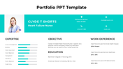 Portfolio PowerPoint template featuring a profile summary, skills chart, career objective, education, and work experience.