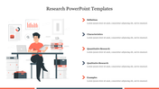 Research slide featuring a person working at a desk, with sections for definitions, characteristics, and types of research.