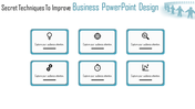 Business PowerPoint design slide showcasing six icons with captions for presenting ideas and strategies.