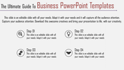 Business slide with four numbered steps, each with icons and descriptions, on a white background.
