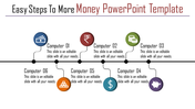 Money themed PPT slide with six connected icons, including a wallet, currency symbols, and a piggy bank, with captions.