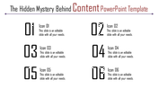 Content PowerPoint template showcasing six numbered sections with text and icons.