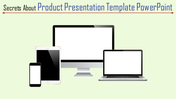 Product presentation template showcasing devices including a desktop, laptop, tablet, and smartphone on a green background.
