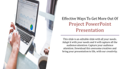 Project PowerPoint slide featuring a hand on a laptop analyzing charts and Placeholder text.