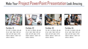 Project PowerPoint slide featuring four portfolio sections with images of currency, analytics, teamwork, and collaboration.