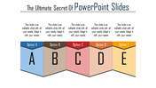 PowerPoint slide showcasing five colorful options labeled A to E with descriptions above each section.