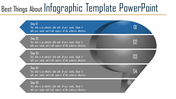 Gray infographic with five arrow steps, one is highlighted in blue, aligned horizontally with a circular design on the side.