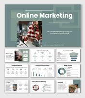 online marketing template with green-gray layouts, KPI charts, digital visuals, and modern infographic sections.
