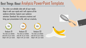 Analysis slide featuring a magnifying glass over banana, with three circular progress charts in green, orange, and yellow.