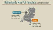 Netherlands map in gray with two marked locations in blue and orange on a beige background.