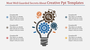 Infographic featuring a lightbulb design with colorful gears and icons, surrounded by six labeled creative options.