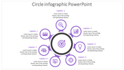 Circle infographic PowerPoint slide with seven sections for various icons and captions.