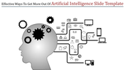 Artificial intelligence slide with a human head silhouette containing gears and interconnected icons.