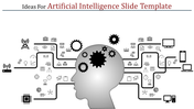 Head silhouette with gears, surrounded by branching lines connecting to technology icons, representing AI and innovation.