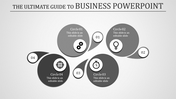Grey themed business PPT slide with circular icons representing gears, ideas, time, and targets with placeholder text.