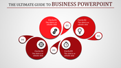 Business PowerPoint guide featuring four red circular sections with icons for settings, ideas, time, and targets.