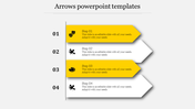 Four yellow and white arrows pointing right, numbered 01 to 04, with icons and text on a light gray background.