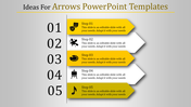 Yellow vertical arrow based PowerPoint template featuring five steps with text placeholders and matching icons.