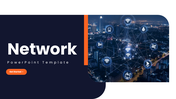 Network slides with dark blue theme, city visuals, icons, diagrams, and structured text sections.