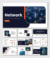 Network slides with dark blue theme, city visuals, icons, diagrams, and structured text sections.