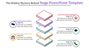 Layered stage diagram with five colorful levels and accompanying stepwise icons and descriptions for PowerPoint template.